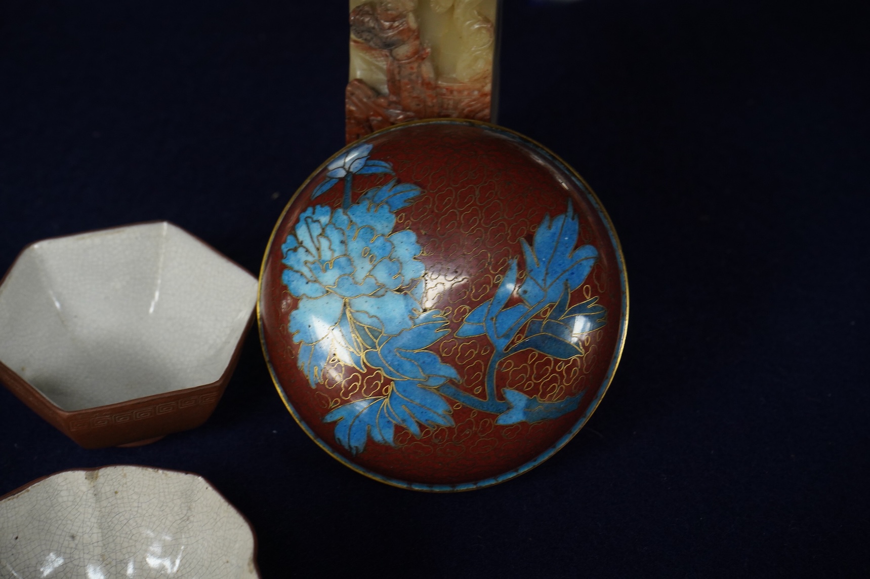 Two 18th century Yixing cups, a Chinese soapstone seal and two covered cloisonne pots, seal 11cm high